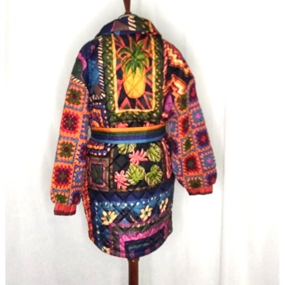 Farm Rio Crochet Sleeve Puffer Jacket Patchwork Tapestry Winter Tropical Longlin - Picture 6 of 15